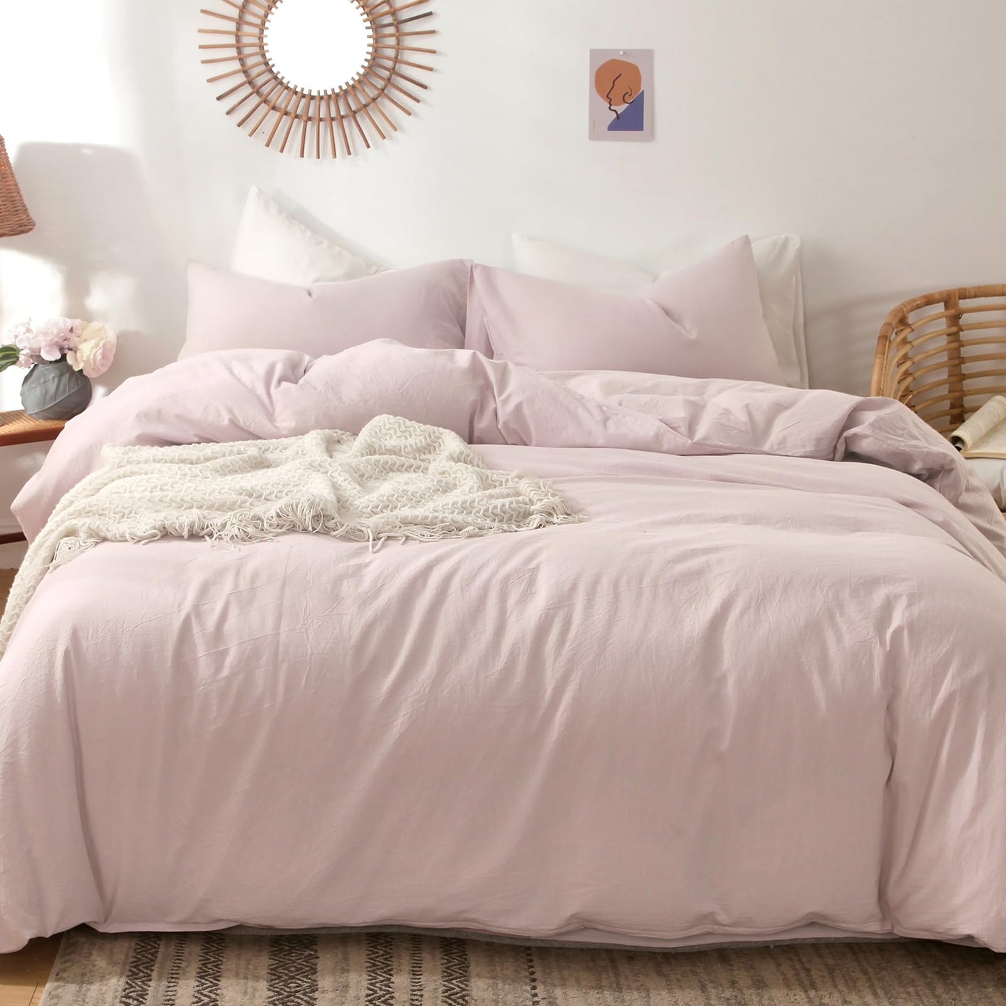 MooMee Bedding Duvet Cover Set 100% Washed Cotton Linen Like Textured Breathable Durable Soft Comfy (Heathered Greyish Pink, Queen 90"x90")