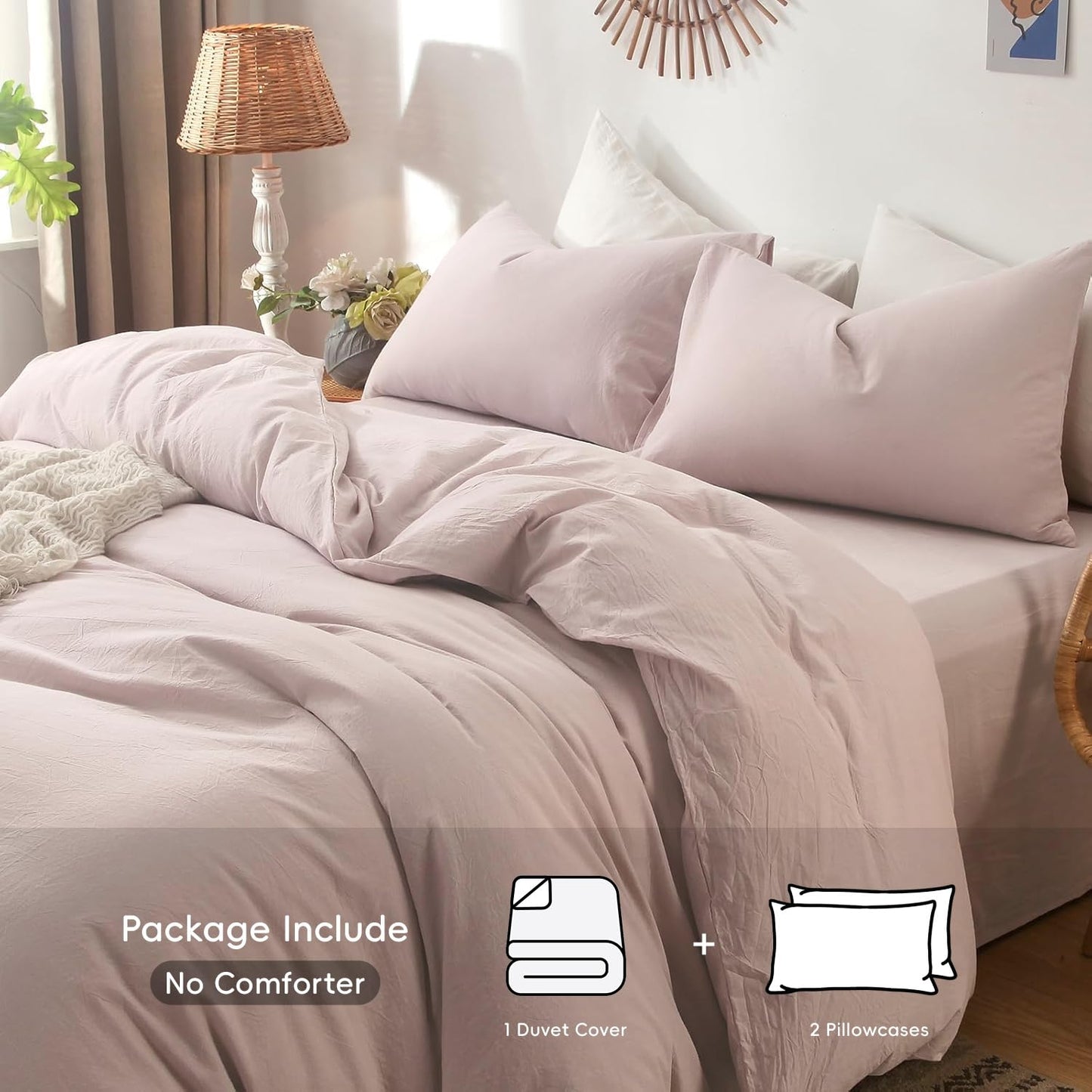MooMee Bedding Duvet Cover Set 100% Washed Cotton Linen Like Textured Breathable Durable Soft Comfy (Heathered Greyish Pink, Queen 90"x90")
