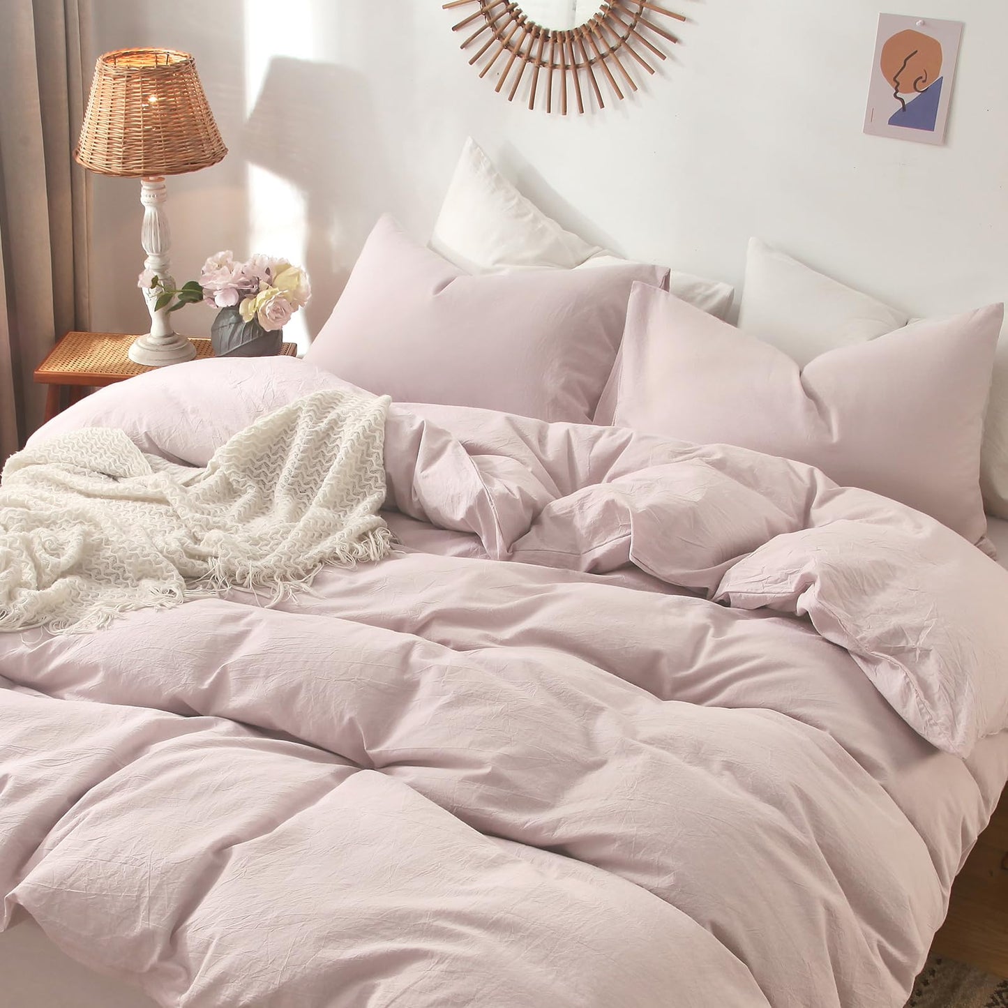 MooMee Bedding Duvet Cover Set 100% Washed Cotton Linen Like Textured Breathable Durable Soft Comfy (Heathered Greyish Pink, Queen 90"x90")