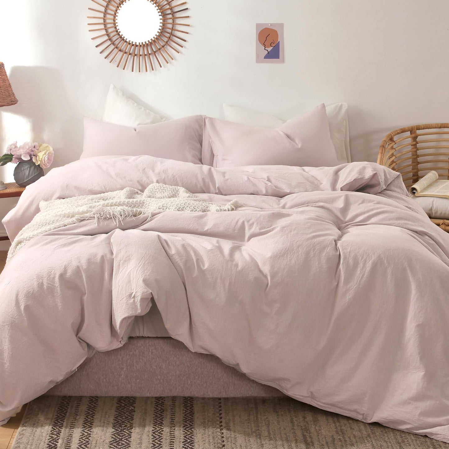 MooMee Bedding Duvet Cover Set 100% Washed Cotton Linen Like Textured Breathable Durable Soft Comfy (Heathered Greyish Pink, Queen 90"x90")