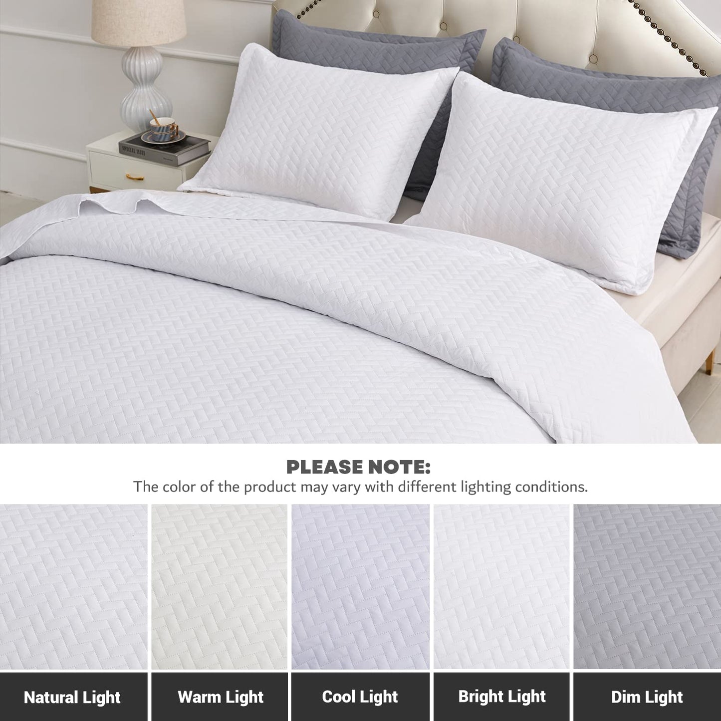 Maple&Stone White Quilt Set Queen Size, Lightweight Bedspread Ultrasonic Chevron Pattern Light Coverlet for All Season Comforter Bedding Decor - 3 Piece Full Bed Cover Sets