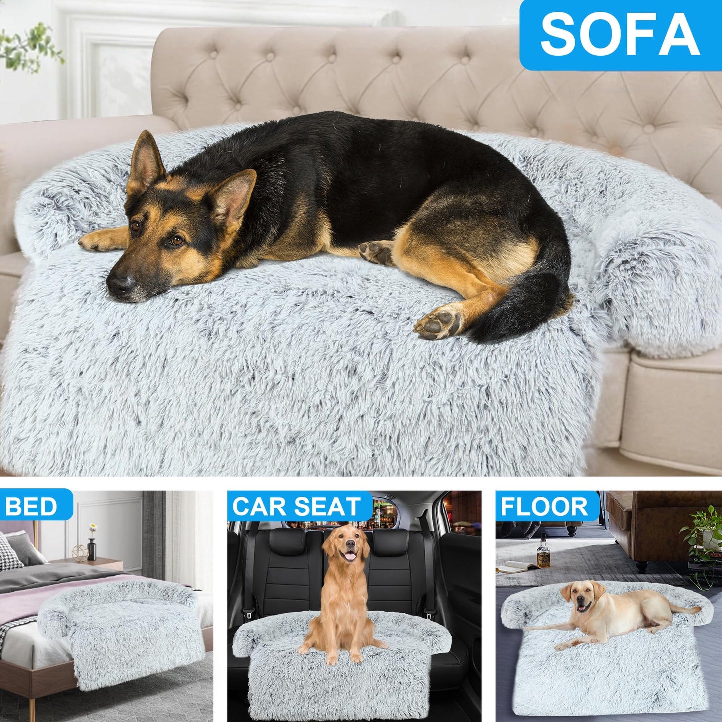 Luxurious Dog Couch Bed Protector for Dogs Memory Foam, Removable Fluffy Plush Pet Couch Cover for Dogs Washable, Calming Dog Sofa Beds, Waterproof Couch Protector, Pet Beds Mats for Couch(M)