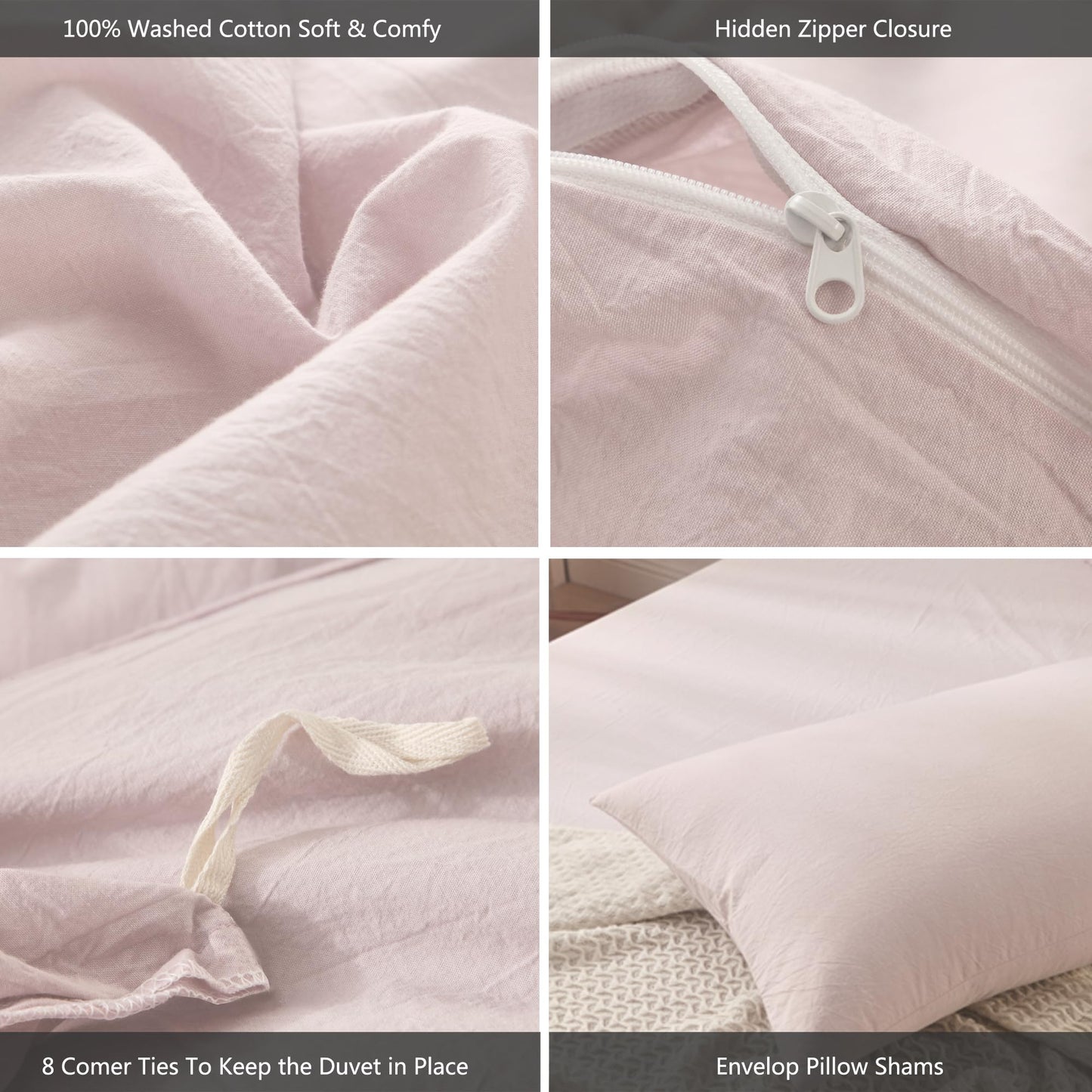 MooMee Bedding Duvet Cover Set 100% Washed Cotton Linen Like Textured Breathable Durable Soft Comfy (Heathered Greyish Pink, Queen 90"x90")